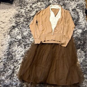 Tan Cardigan and Brown Tulle Skirt Set